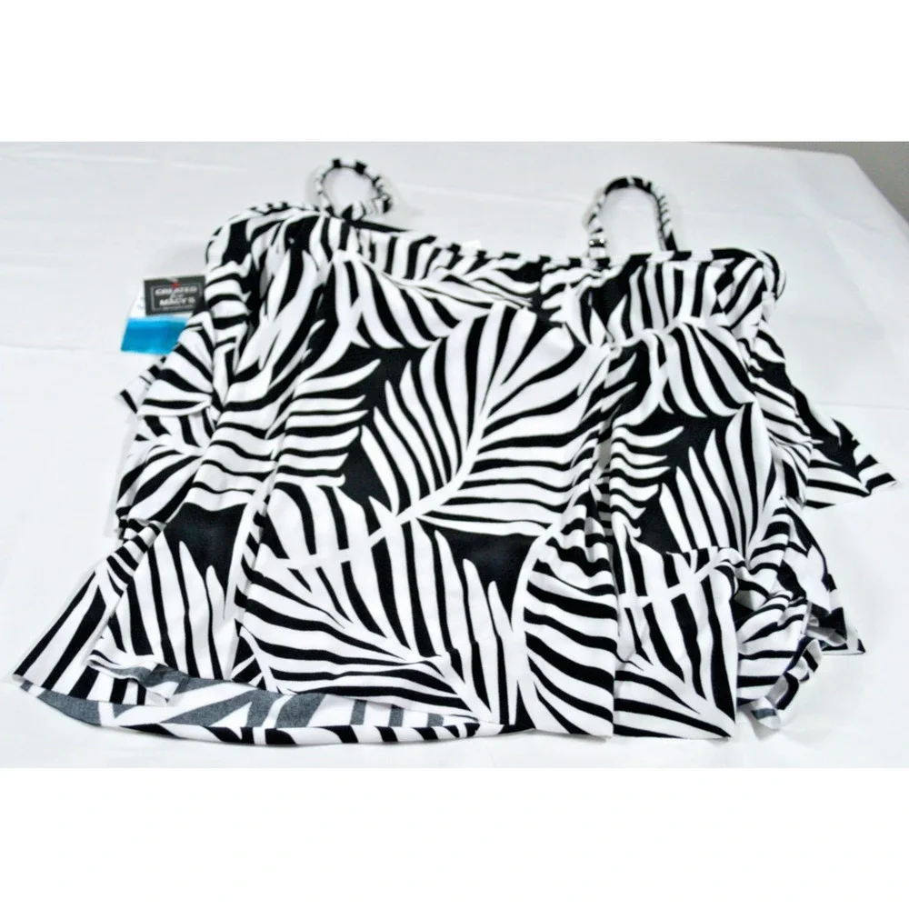 Swim Solutions Tankini Top Womens 18 Black White Palm Leaf Ruffle Tiered Macy’s